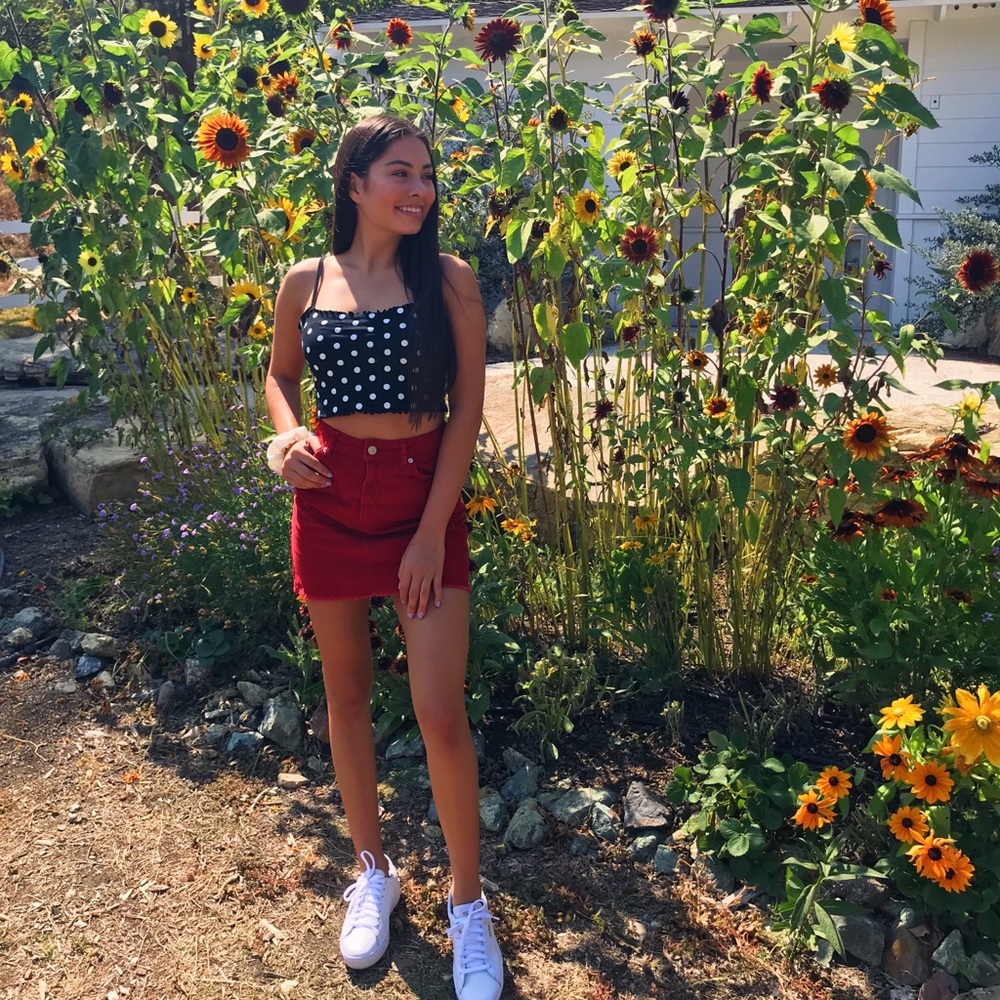 Red corduroy mini skirt